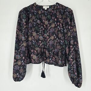 Allison NY Black Paisley Floral Long Sleeve Blouse Size XS